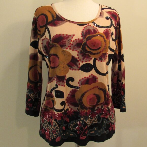 Monroe & Main Sequined Floral Cotton 3/4 Sleeve Autumn Colors Top - Picture 3 of 16